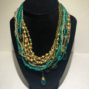 Double Strand Gold and Green Statement Necklace